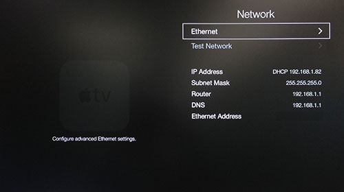 Meniul Apple TV Network cu Ethernet evidențiat.
