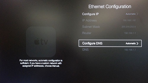 DNS 구성이 강조 표시된 Apple TV 이더넷 구성 메뉴.
