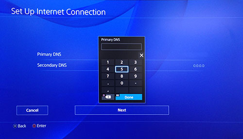 Obrazovka PlayStation Set Up Internet Connection, ktorá zobrazuje vstupnú podložku primárneho DNS.