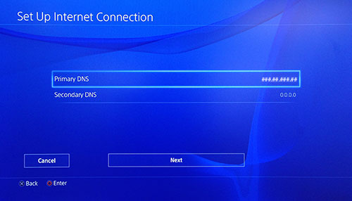 Obrazovka PlayStation Set Up Internet Connection s vybratým primárnym DNS.