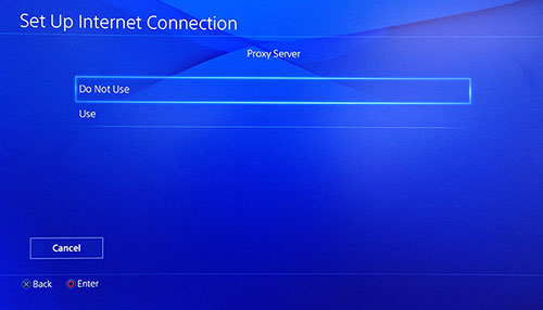 Obrazovka servera PlayStation Proxy Server s vybranou voľbou Nepoužívať.