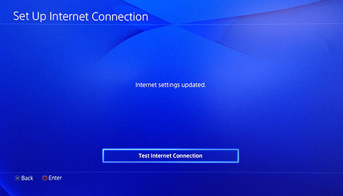 Screen PlayStation Konfigurasi PlayStation dengan Sambungan Internet Ujian yang dipilih.