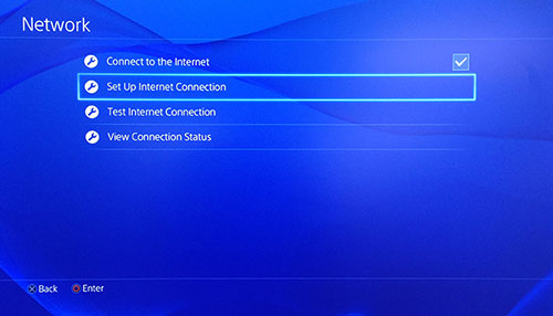 Skrin PlayStation Network dengan Tetapkan Sambungan Internet dipilih.
