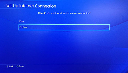 PlayStation 사용자 정의가 선택된 인터넷 연결 설정 화면.