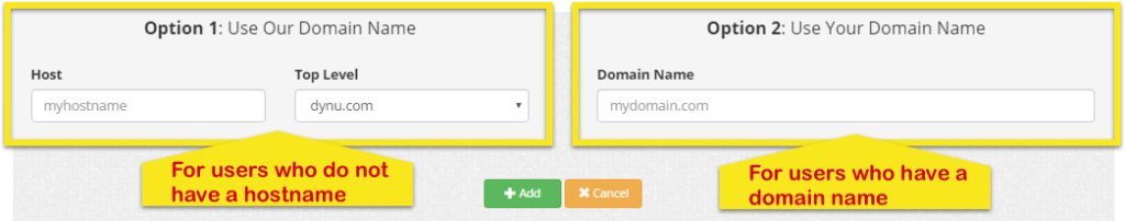Stránka Dynu DDNS zobrazujúca možnosť 1 (pre používateľov, ktorí nemajú názov hostiteľa) a možnosť 2 (pre používateľov, ktorí ju majú).