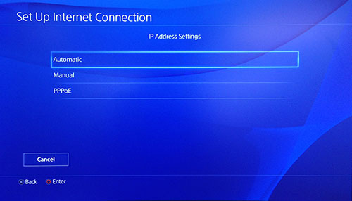 Ecran Setări adresă IP PlayStation cu selectare automată.