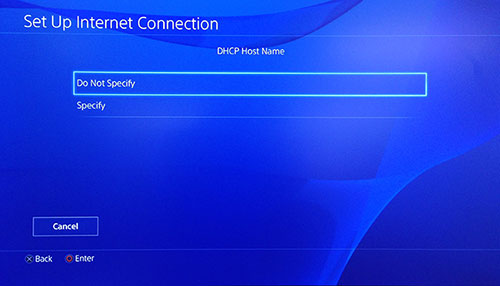 지정하지 않음이 선택된 PlayStation DHCP 호스트 이름 페이지.