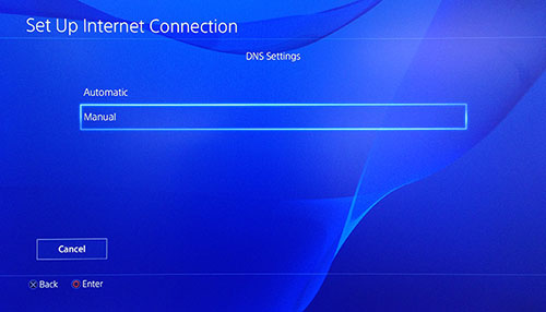 Stránka nastavení DNS služby PlayStation s vybranou možnosťou Ručná.