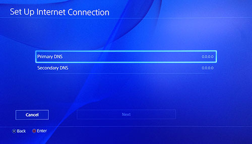 PlayStation הגדרת דף חיבור לאינטרנט עם בחירת DNS ראשית.