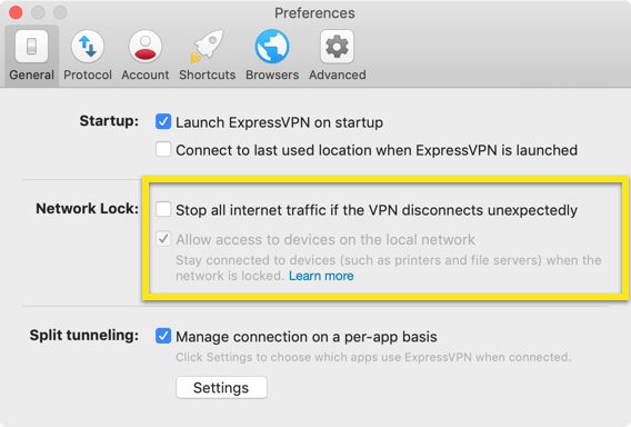 Lock Network dilumpuhkan pada aplikasi Mac ExpressVPN.