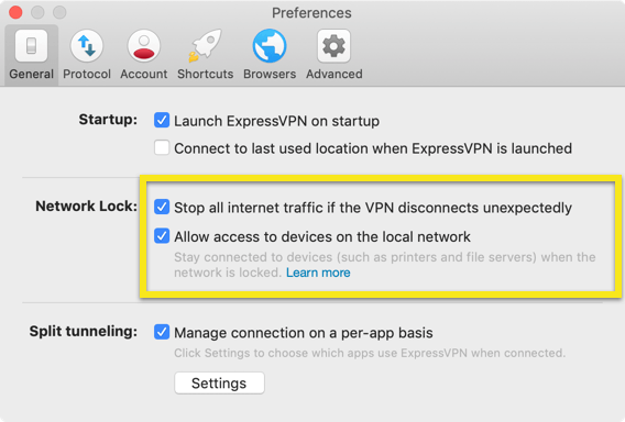 Настройки блокировки сети для приложения ExpressVPN Mac.