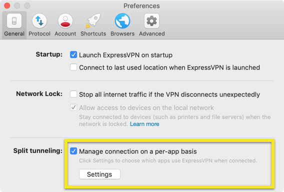 Настройки раздельного туннелирования ExpressVPN на Mac.