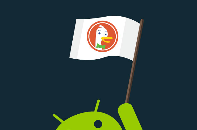 Logo Android melambai bendera DuchDuckGo.