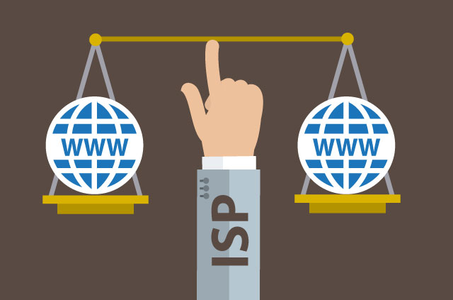 Tīkla neitralitāte līdzsvarā: ar roku apzīmēts ISP, kura skalu satur ar interneta saturu katrā galā.