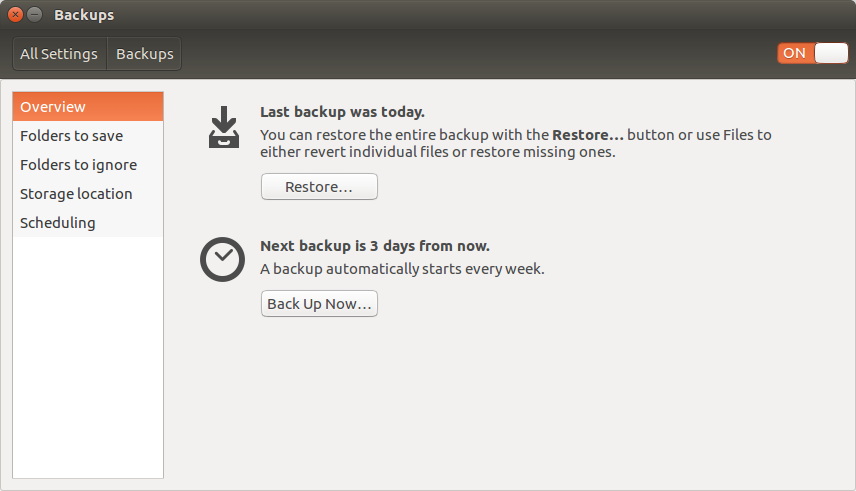 Снимок экрана со страницей настроек резервных копий Ubuntu