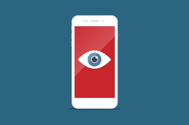 Skrin telefon pintar dengan mata terbuka pada latar belakang merah.