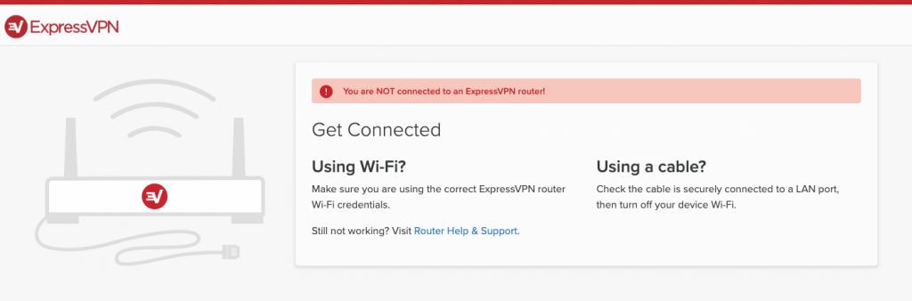 „ExpressVPN“ maršrutizatoriaus prietaisų skydelis, kai nesate prisijungę prie maršrutizatoriaus.