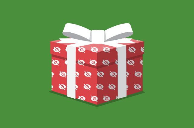 Sebuah kotak hadiah dengan pita putih dan kertas kado merah dengan simbol mata yang dicoret.