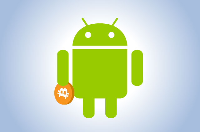 Zelený maskot Android s bitcoínom.