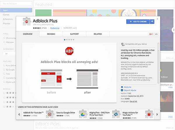 Stránka Adblock Plus v obchode Chrome
