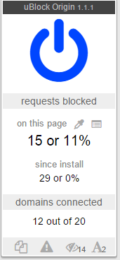 Kai veikia „uBlock Origin“, jis pateikia visų užblokuotų užklausų sąrašą