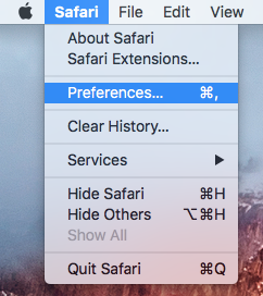 safari'nin tercihlerine erişmek için ekran görüntüsü