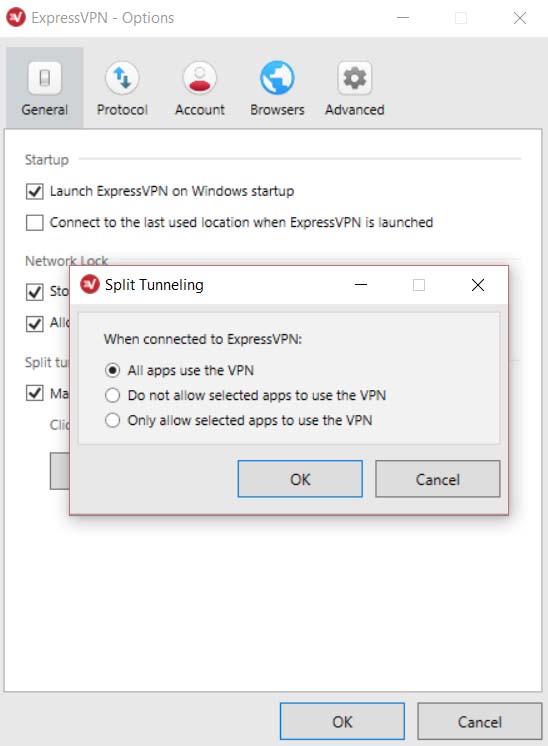 Snimka zaslona zaslona postavki podešavanja tuneliranja u sustavu ExpressVPN za Windows