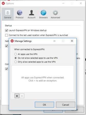 ExpressVPN Windows zaslon s mogućnostima razdijeljenog tunela.