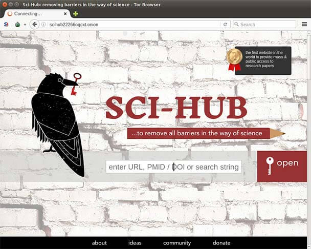 „Sci-hub“ pagrindinis svogūnų puslapis.