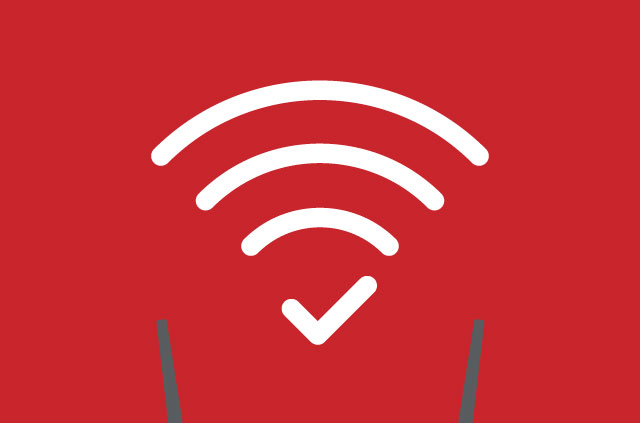 Router wifi dengan simbol centang pada sinyal wifi.