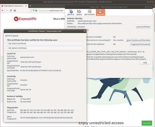 ExpressVPN sertifikāts, ko parakstījusi sertifikātu pārvalde (Amazon).