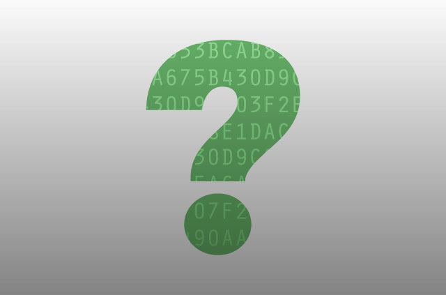 Ilustrácia veľkého zeleného otáznika. Vo vnútri otáznika je prúd písmen a číslic, ktoré symbolizujú kód (podobne ako v matici).