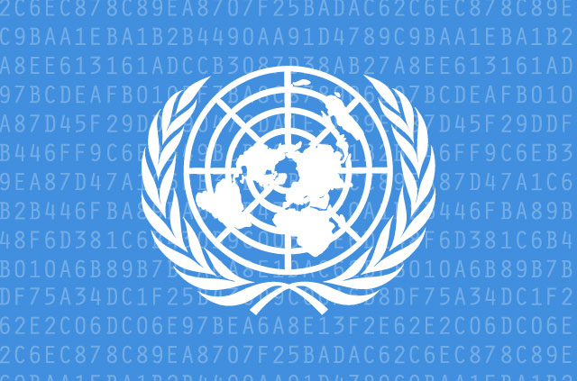 Jungtinių Tautų logotipas užrašytas šifravimo paveikslėlių seka.