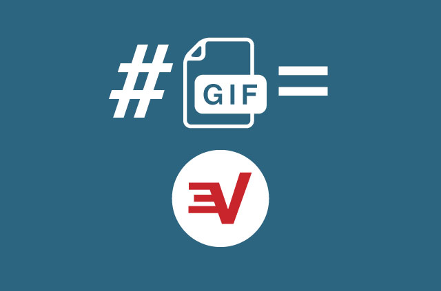 Hashtag, ikon fail gif, dan tanda sama di atas logo ExpressVPN.